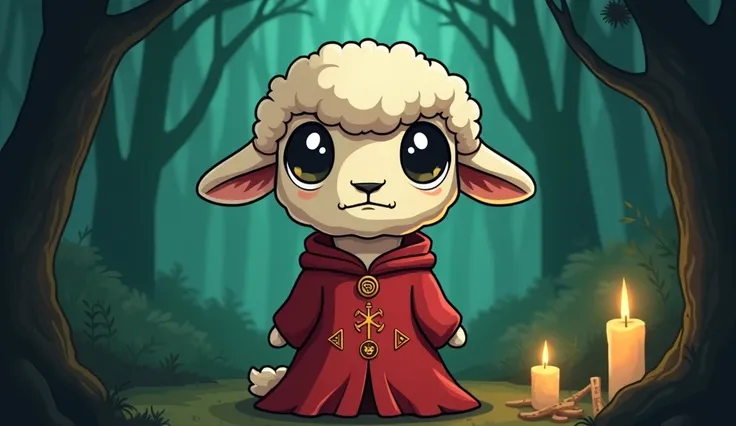  Generate a cartoonish illustration of an anthropomorphic animal inspired by Cult of the Lamb art style.  The animal must have big eyes with a large black pupil and a white iris and nothing else,  simplified shapes and cute but slightly disturbing cartoon-...