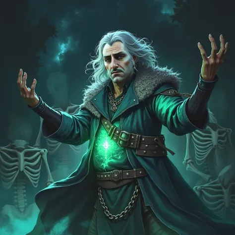 digital art, emrich volkarin, dragon age veilguard game, 55 years old, gray hair, mustache, colors green and blue, necromancer, fighting pose, skeletons with glowing green eyes around