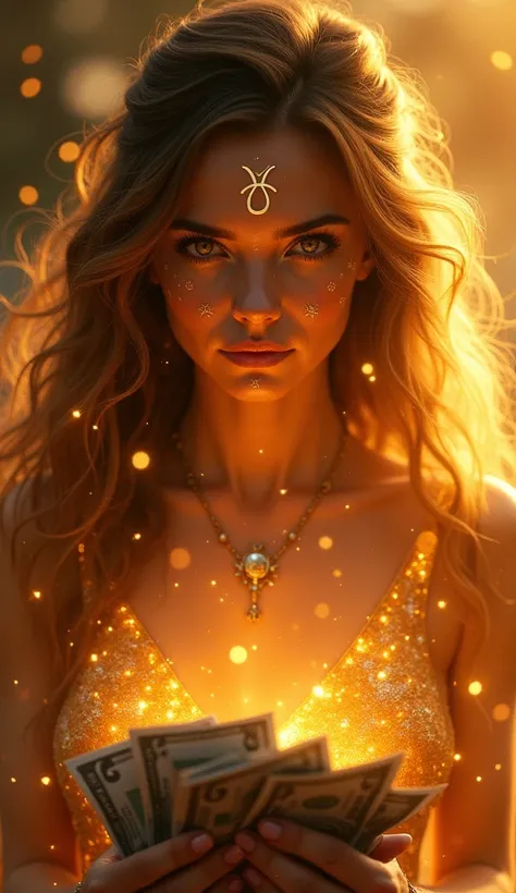 "A mystical Sagittarius woman with intense eyes glowing in fiery tones. Sagittarius symbols are etched delicately on her face, and she holds an overflowing stack of bills in her hands. The golden light around her highlights her financial success and advent...