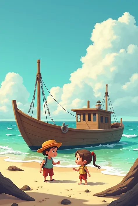 two  ren 
Going to visit an abandoned boat on a beach. Animated easy to copy