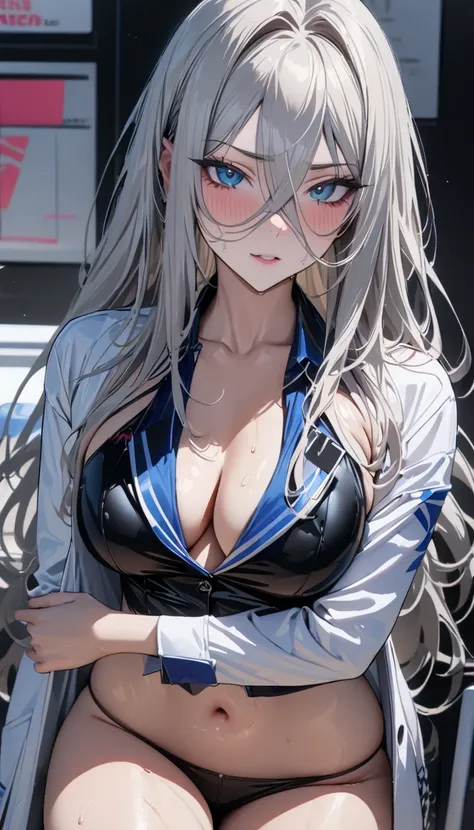 masterpiece , modern, Verism, masterpiece, super detail, best quality, 4K ,((Adult face)), woman,Wearing a white coat,Mature woman アメスク Rubia ojos azules 
Cabello azul, Plano americano, Cabello largo, Senos grandes, Ojos azules,race_queen Sexy Nurse yukino...