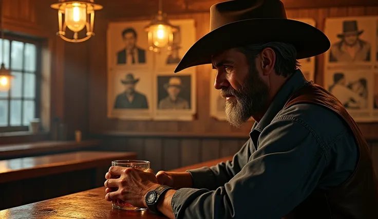 A man in a cowboy hat leans against the bar of a Honky Tonk bar, holding a glass of whiskey, with a vintage country music poster taped to the wall behind him and soft lights creating a nostalgic mood.