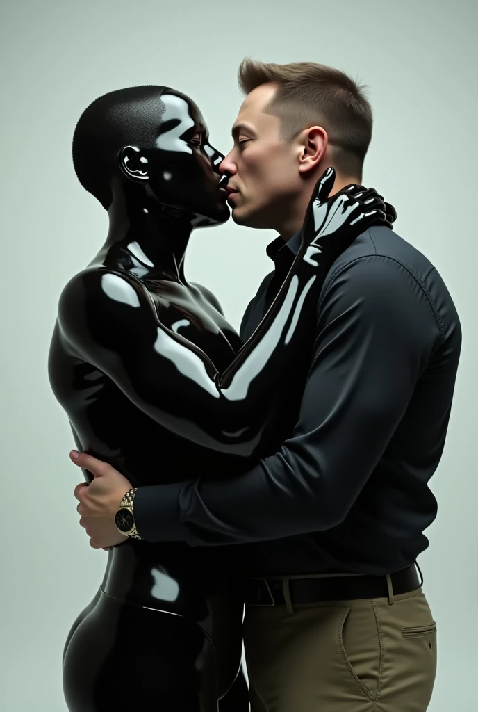 Mr Beast dressed in black latex hugging Elon Musk kissing