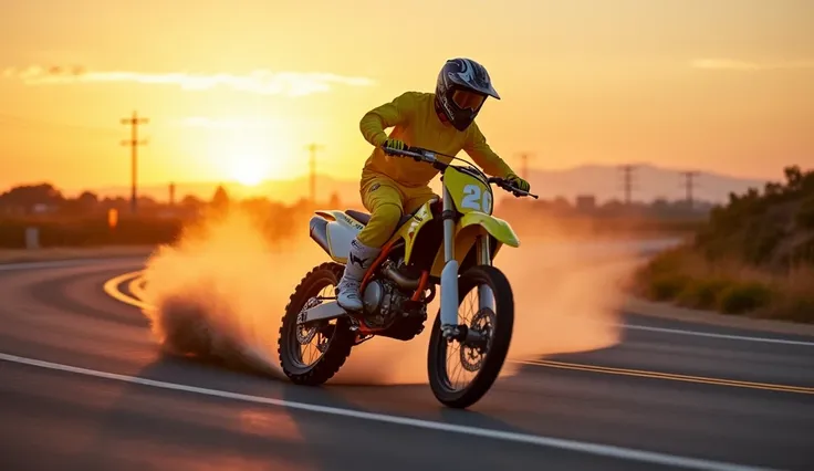 Create an image of the (2025 Suzuki rm_z450 dirt bike) color vibrant yellow cornering at high speed, highway sunset demonstrating its agility and handling capabilities.