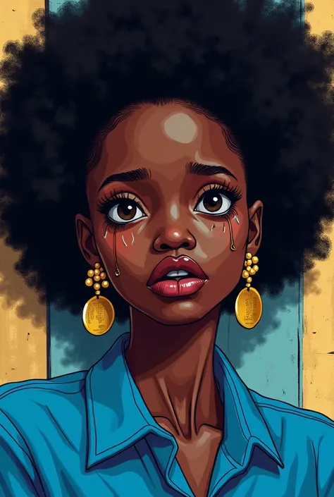 illustration of an African woman with a tears on face and a blue shirt, no pupils, pupil-less, digital art by loish, trending on cg society, afrofuturism, loish |, loish art style, trending on artstration, in style of digital illustration, cartoon art styl...