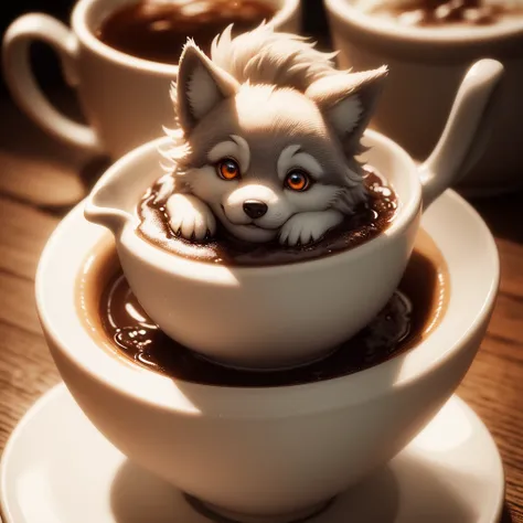 cute little wolf sitting on a cup of tea, claymation, close up, by the fluffy, high detail,  glowing eyes ,  soft lighting 