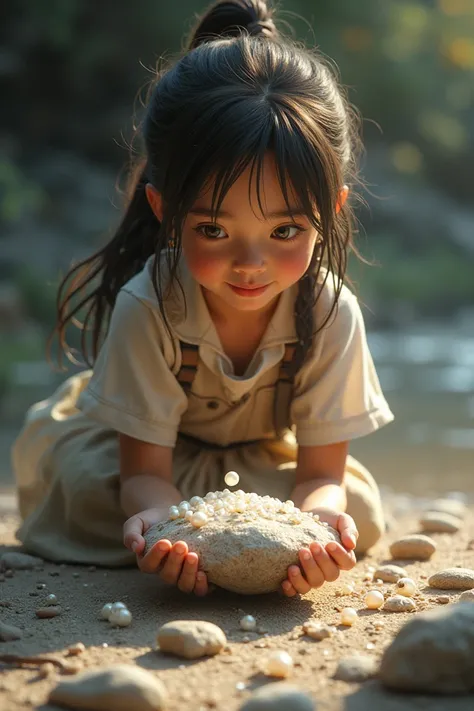 The girl broke the stone to create pearls. She was very happy