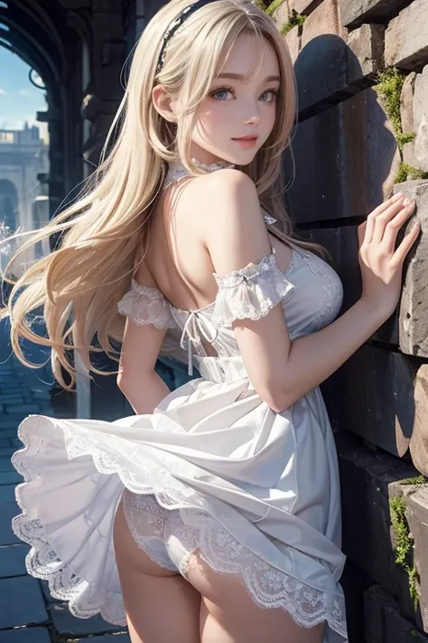 (  best quality , very detailed, high definition ,masterpiece,8k), Bright and Vivid Colors , official artwork ,whole body, stylish makeup, silvery blond medium long hair fluttering in the wind、 charming eyes, glossy lips in the ruins of the city,  off my s...