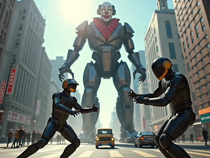 in realistic style. At noon ,  in the middle of a city ,  Daft Punk piloting mecha robots of themselves ,  facing a kaijuu in the form of a ninja clown.