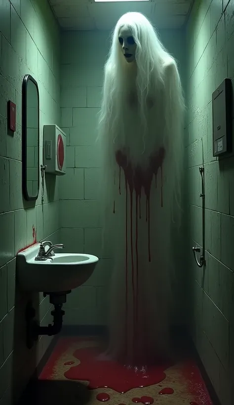 

4. "An abandoned school bathroom with the ghostly figure of Bloody Mary hanging over a sink filled with blood."
