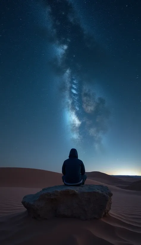  A solitary figure sitting on a rock in a vast desert landscape,  with the night sky full of stars shining above , symbolizing that even in solitude ,  there is always something bigger that accompanies us .