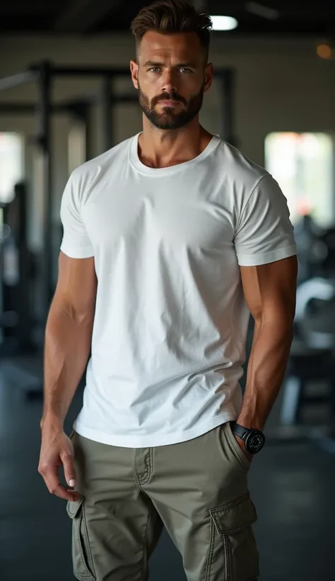 RAW, 30 year old man, in the gym, wearing a white t-shirt and cargo pants, sexy man, high detail face, looking at the viewer, wide angle lens, 8k UHD, SLR, soft light, +0.2ev light, (high quality, film grain: 1.2), 8k UHD, 30mm focal length, 30mm focal len...