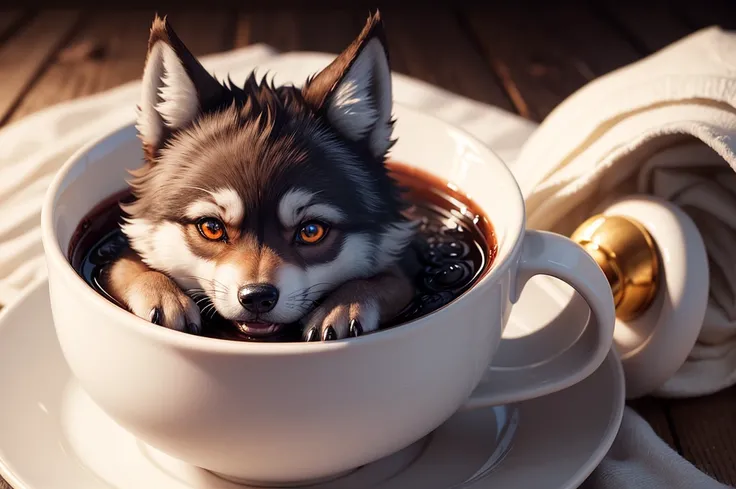 cute little wolf inside in a cup, by the fluffy, high detail,  glowing eyes ,  soft lighting 