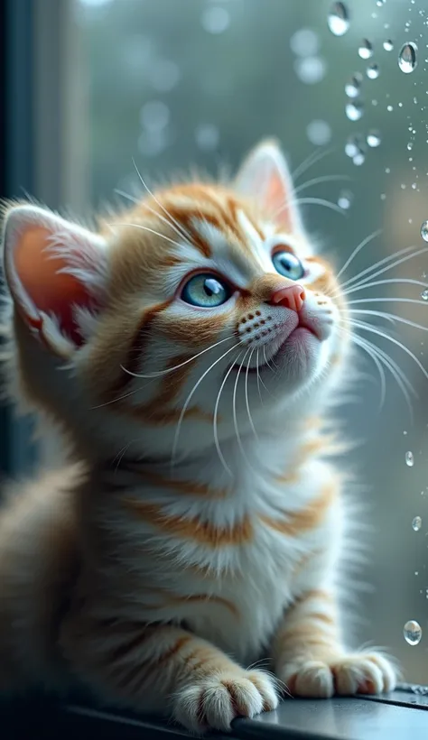 Kitten’s Wonder: A close-up of the kitten’s face, focusing on its wide blue eyes reflecting the raindrops on the glass. The kitten tilts its head slightly, as if listening to the soothing rhythm of the rain