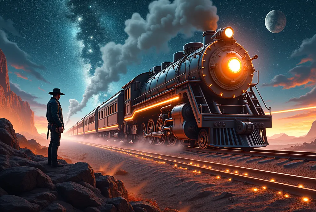 train running in outer space,  runs on rails of light, cowboy shot, light and a pocket watch run through the dark,  scenes from ...