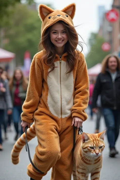  A  dressed in a cat costume ,  holding a collar attached to a real cat .  The s costume has a coat pattern similar to that of the cat she is holding.  The scene takes place in a public environment , a parade or event ,  with several people in the backgrou...