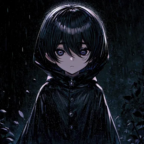 Rain of black petals on a dark night background, a hooded male figure of a boy (( big eyes)) (( ))(( black eyes)) (( short hair))