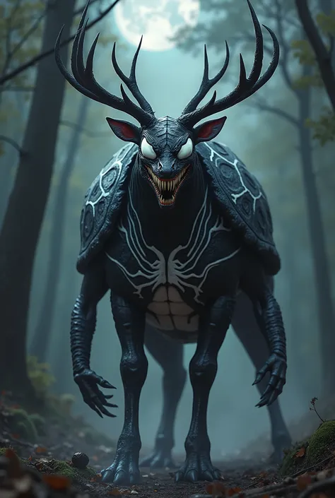 Venom + Turtle + Penguin. Venom And Turtle And Penguin Physically Combined And A New Hybrid Formed With Venoms Big White Eyes. Deers Body, Black Venom, Venoms Design, Venoms White Detailed Lines On Full Body, Dangerous, Realistic, High Detailed, Dark Place...