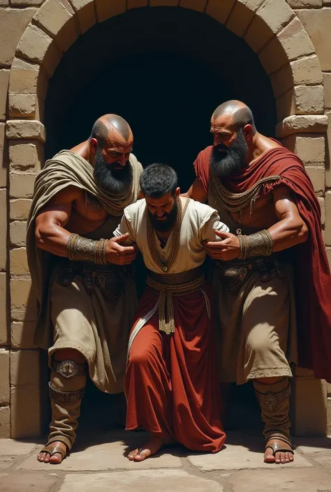 Realistic image of two ancient Hebrew guards dragging a nobleman to the dungeon because of debts.