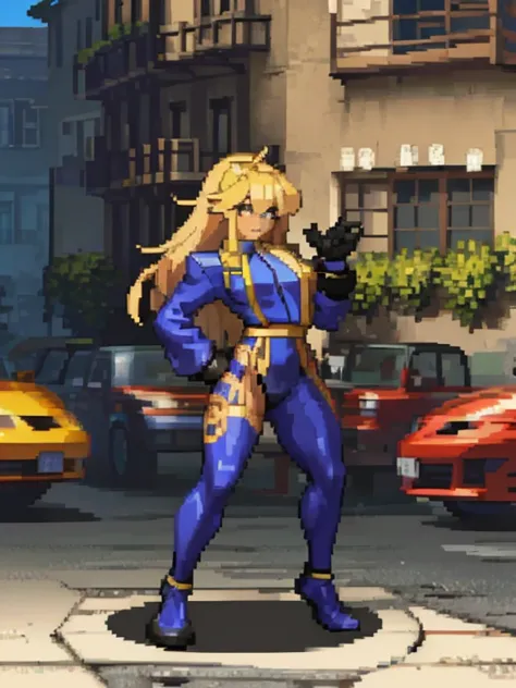 a black woman with blond hair , in black ninja clothes on a street from the 2000s.  with a full body.