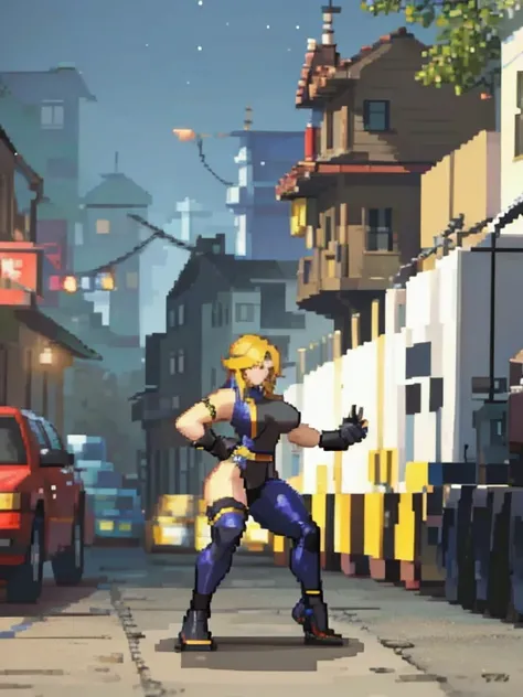 a black woman with blond hair , In black ninja clothes on a street from the 2000s.  with a full body.
