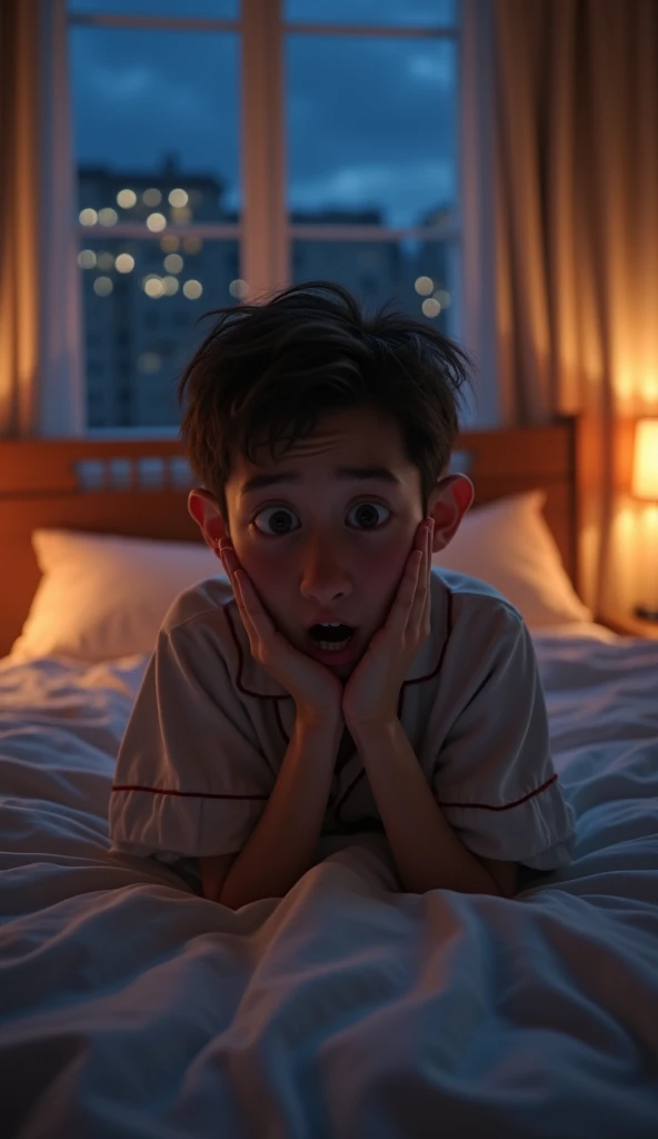 A young person lying on a cozy bed in a modern bedroom, their face expressing sudden alarm as if they feel they are falling. The setting is nighttime, with a dimly lit room illuminated by warm bedside lamps. The person wears comfortable pajamas, and the ba...