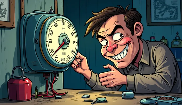 Cartoon of a Man Manipulating Small Electricity Meter, Illegally 