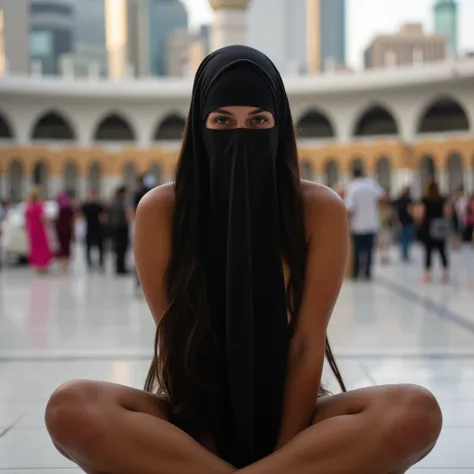 Egyptian mom Niqap on her face . Kaaba in the background . No clothes. Optimistic best quality,highres,ultra-detailed,realistic:1.37),curvaceous,mature,voluptuous,curvy, sultry, seductive, alluring, big sexy fat ass Niqab woman mature, thick ass, thick thi...