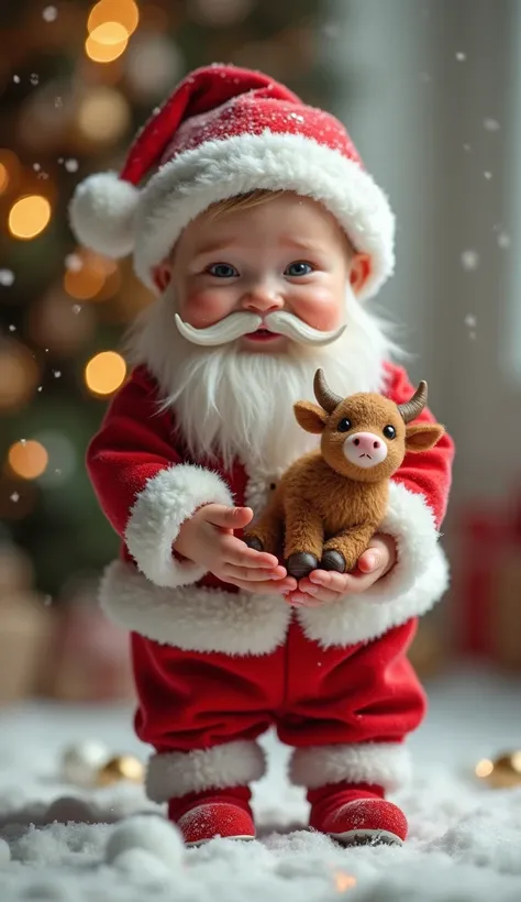 A baby dressed as Santa Claus with a mini ox in the palm of his hand 