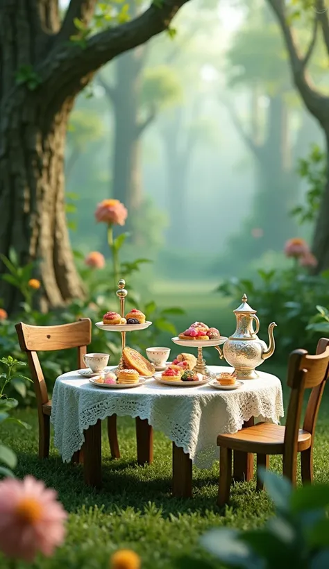 In a lush jungle clearing, a whimsical garden setup appears with a small wooden table covered in a white lace tablecloth. On the table, a fancy tea set and a plate of colorful pastries are arranged neatly. 3d animation hd quilty 