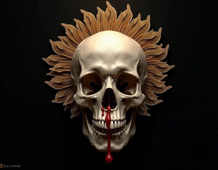 masterpiece, realism, beautiful skull with bleeding nose, fresh blood, bloody nose running, wearing extravagant dramatic jewel halo crown, sparkly gold abstract head crown, black background