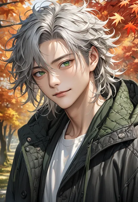 Handsome mature korean young boy, silver-haired man wearing black windbreaker( perfect anatomy ). messy hair, mane hair, dense hair, wild hair, expressive hair, Detailed face. handsome face, perfect face, dark-green eyes, realistic eyes. 
The face and eyes...