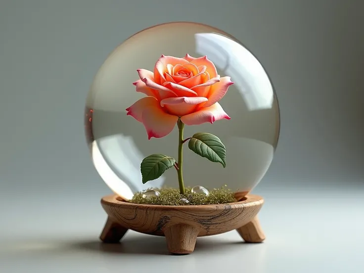 Picture of a rose in a transparent resin ball, placed on a 3-legged wooden base