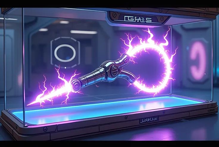 A cartoon-style futuristic whip displayed in a showcase inside a high-tech space station. The whip features a metallic, high-tech handle with glowing circuits and intricate details, and a long, flexible lash made of bright white energy with vivid purple li...