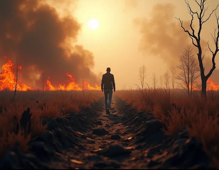 first-person perspective of a burning field, lifeless