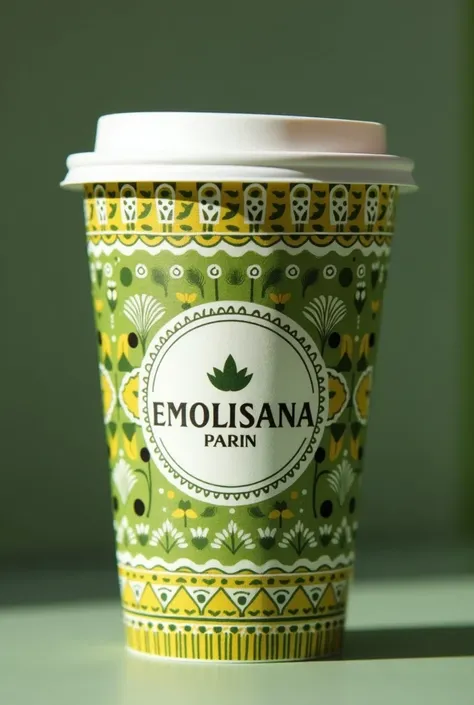  Close-up of a recyclable technopor beverage cup with a traditional Peruvian design that bears the EMOLISANA brand in the middle, that contains the color green and some leaves and dots of linseed and also some Peruvian line patterns. A minimalist image