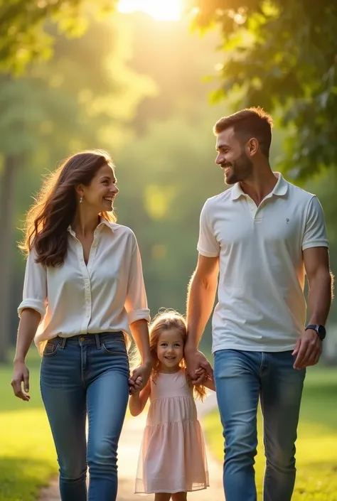  happy family walking hand in hand with their daughter in the park on a sunny day,  30-year-old parents with  daughter , all handsome and smiling ,  made by professional camera with blurred background ,  super realistic image with eye details ,  realistic ...