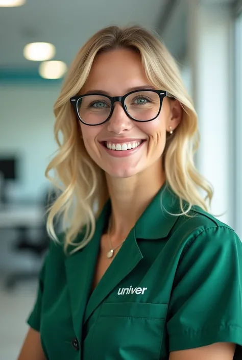 An image of a blonde optometrist in the office with glasses upstairs that says Natalia and who wears a green uniform that on one side says Univer and in one place in the office she says happiness is like the lenses you look for them you look for them and i...