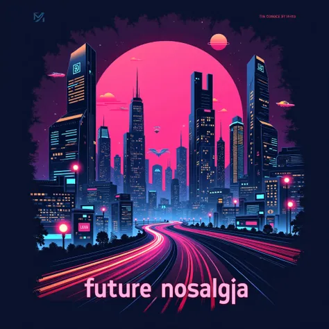 A bold 80s-inspired synth-wave graphic with a futuristic cityscape and text saying "Future Nostalgia."