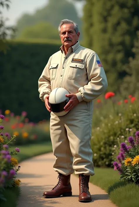  A 50-year-old man with gray-haired mustache and mustache is chubby and wears a 1960 drivers suit and shoes, He has in his hands a drivers hat from 1960 and is standing in a garden with a serious expression 