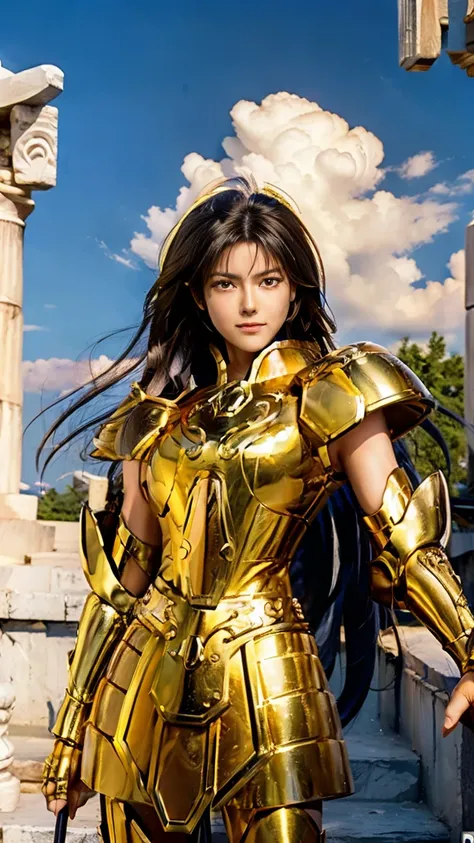 Gemini Armor, gold armor,1boy, armor, Dramatic skies, looking at the audience, armor, Shut up, Upper Body, Serious, helmet, On the Greek temple bridge, whole body. Go to the audience, boots,Solo, Smile, Red Eyes, White long Hair, High Resolution, Masterpie...