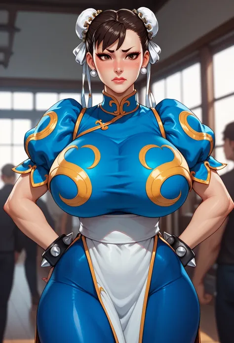 embarrassed,chun li, gigantic breasts, ,,,,, fully clothed,,Rash-guard