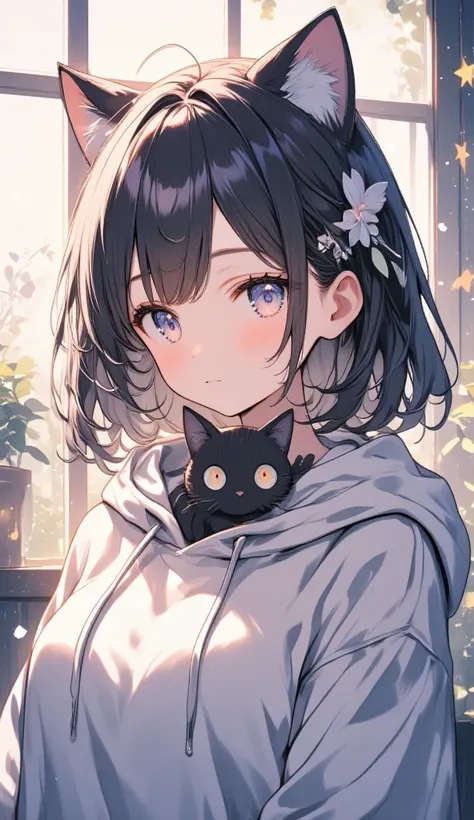   Thin, Soft Painting Style 、 Fluffy Job  、   fantasy world  、 Cat Girl 、 hoodies 、VTuber、  black hair、Black Cat、  Light Effects  