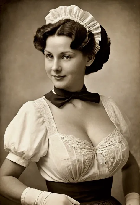 Sepia vintage photo from the 1940s  ,  a large portrait only of the head and breasts of a beautiful gorgeous 40-year-old woman with very large giant breasts, sagging breasts to the navel ,  big nipples and areolas on the chest, naked ,  without underwear ,...