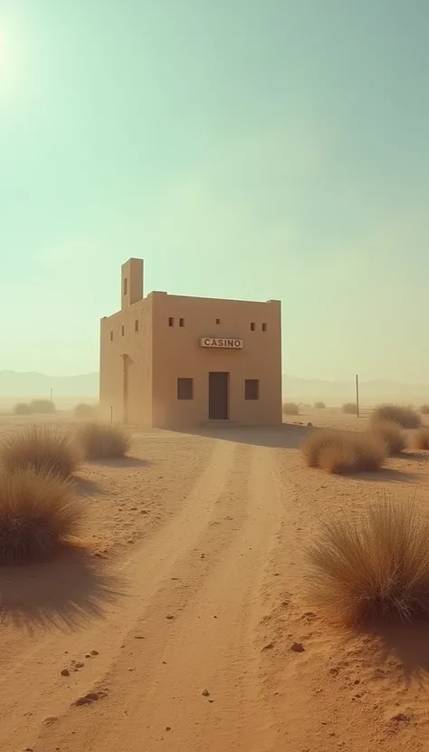  A solitary adobe structure in the middle of an arid desert landscape, with the wetlands barely visible in the background .  The casino stands like a peculiar reference point , drawing attention due to its presence in the middle of nowhere .  A dusty wind ...