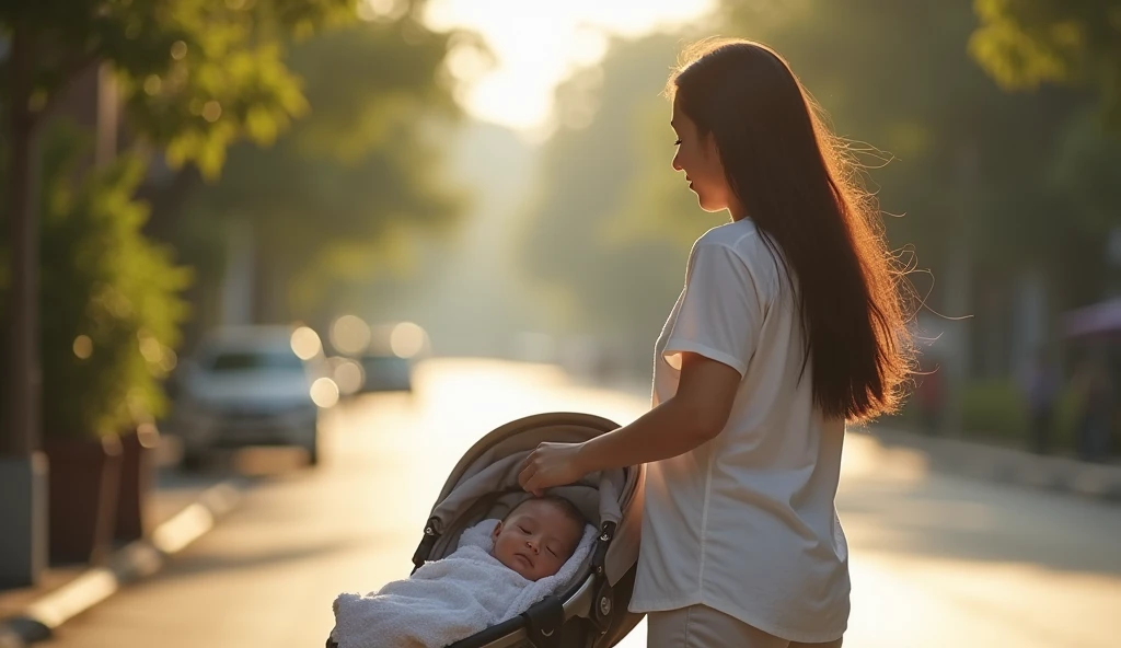 {
"prompt": "A hot day with a clear sky and a gentle breeze blowing. Lani, a 30-year-old Indonesian woman, is pushing a stroller down a peaceful street. Arief, her newborn son, is peacefully asleep inside the stroller. The sunlight reflects off the surroun...