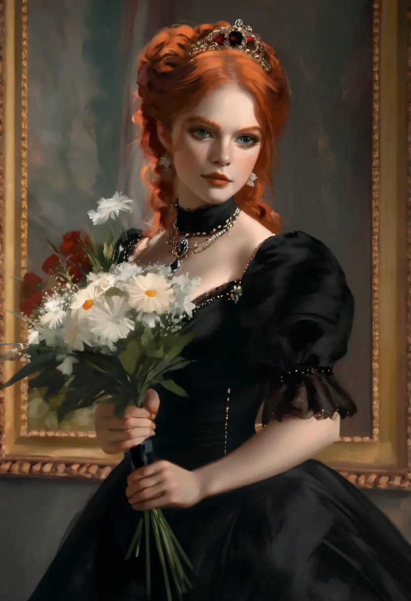 young sophie alexandra skelton in a black dress with a bouquet of flowers, portrait of an actress, red hair, inspired by franz x...