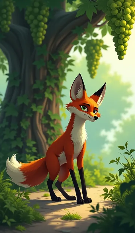 "foreground a fox , talking to himself, walking away from the garden,angry face, background A lush green garden with a very tall vine tree hanging ripe, shiny green grapes. "