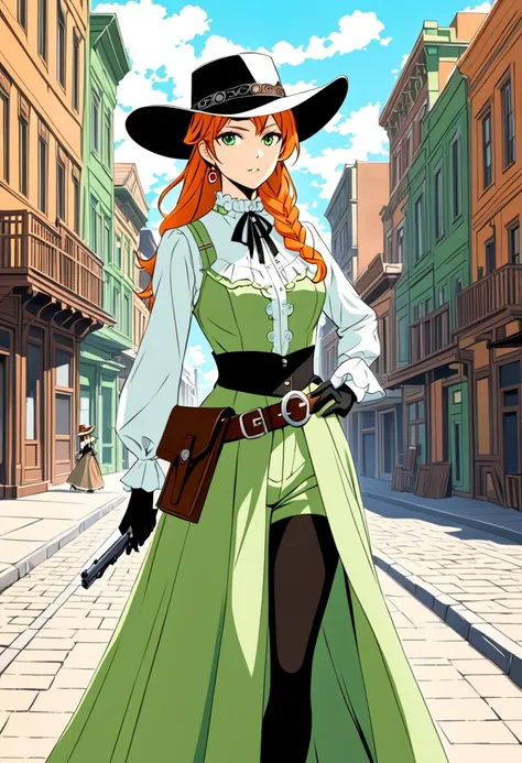 Anime style, woman, normal breast, orange long beautifull drills hairstyle, in light green tight open dress from wild west, in long gloves, in black transperent tights, in elegant white hat, with holster on belt with revolver inside, western, stand on stre...