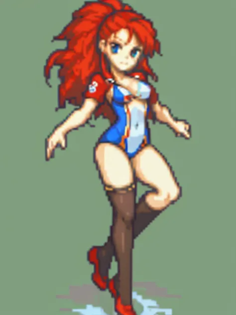 a woman with red hair, wearing sexy swimmer clothes on a street from the 2000s.  with a full body.